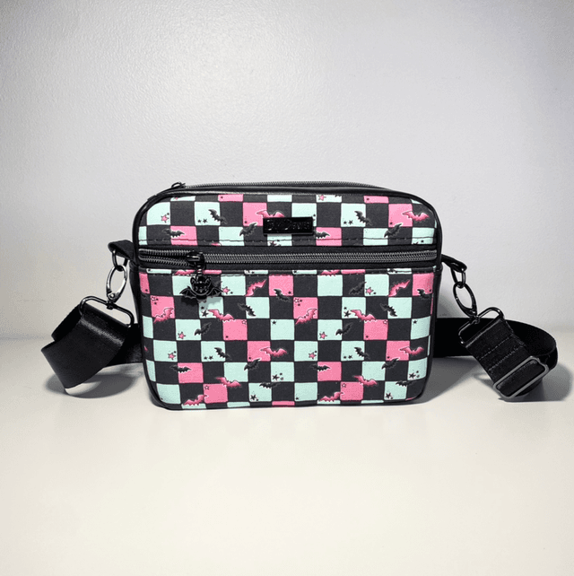 Black and pastel check/bats crossbody bag